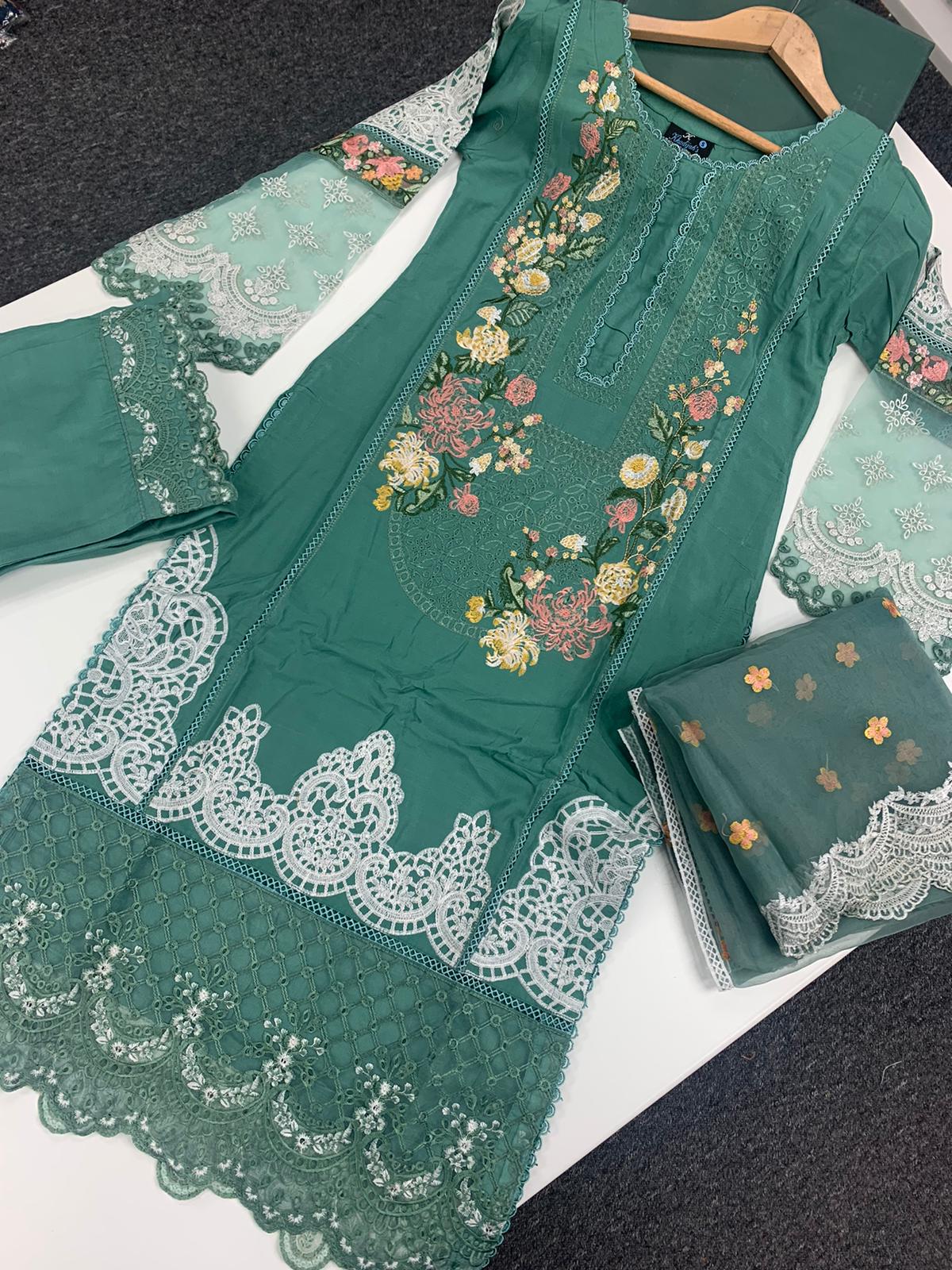 KHADIJAH’S | Embroidered Linen Organza Dupatta Ready To Wear | KJ048 (Mint Green)