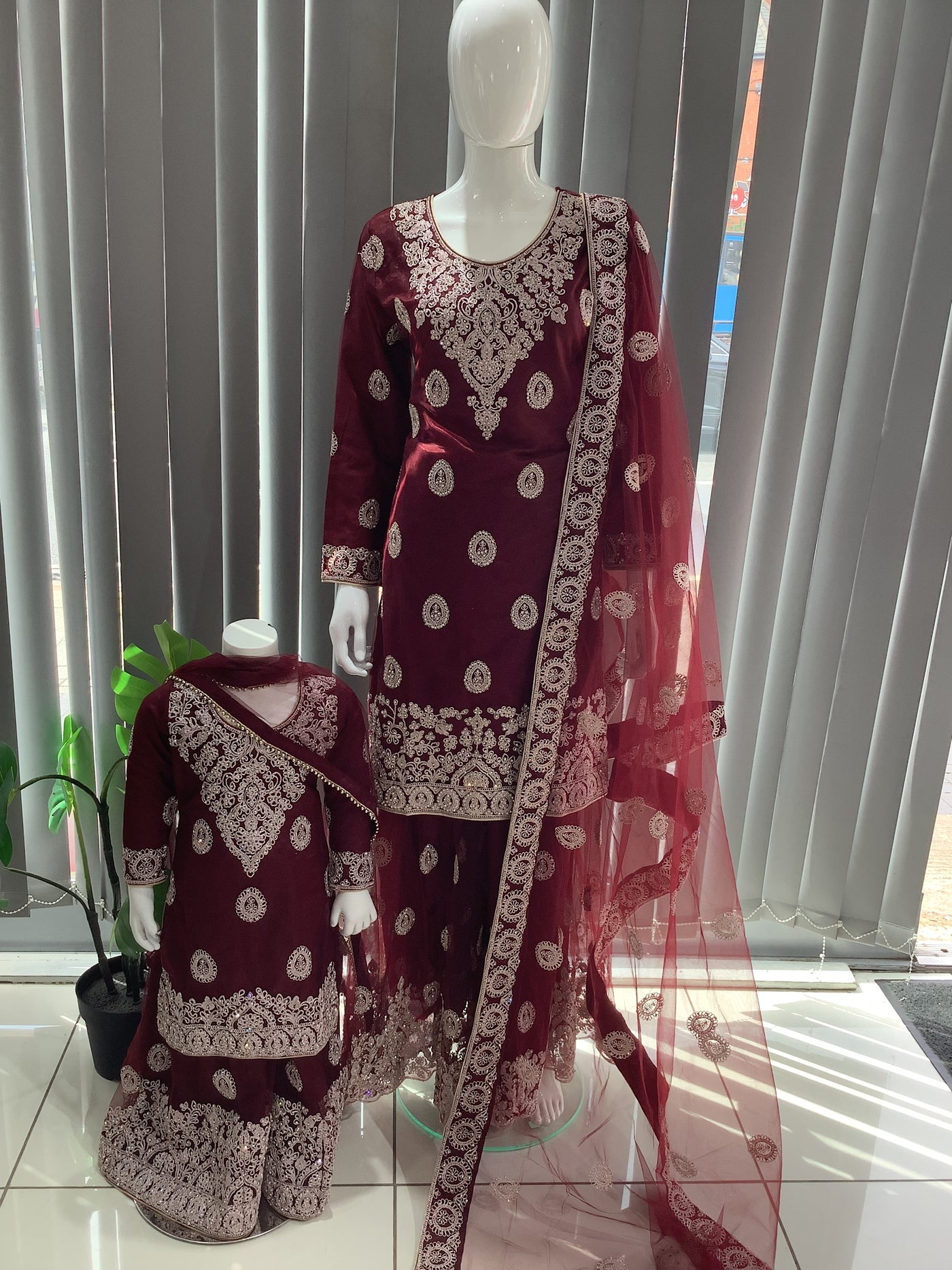 ASHA | Embroidered Net Dori Work Mother & Daughter Dress Ready To Wear Burgundy| AS66