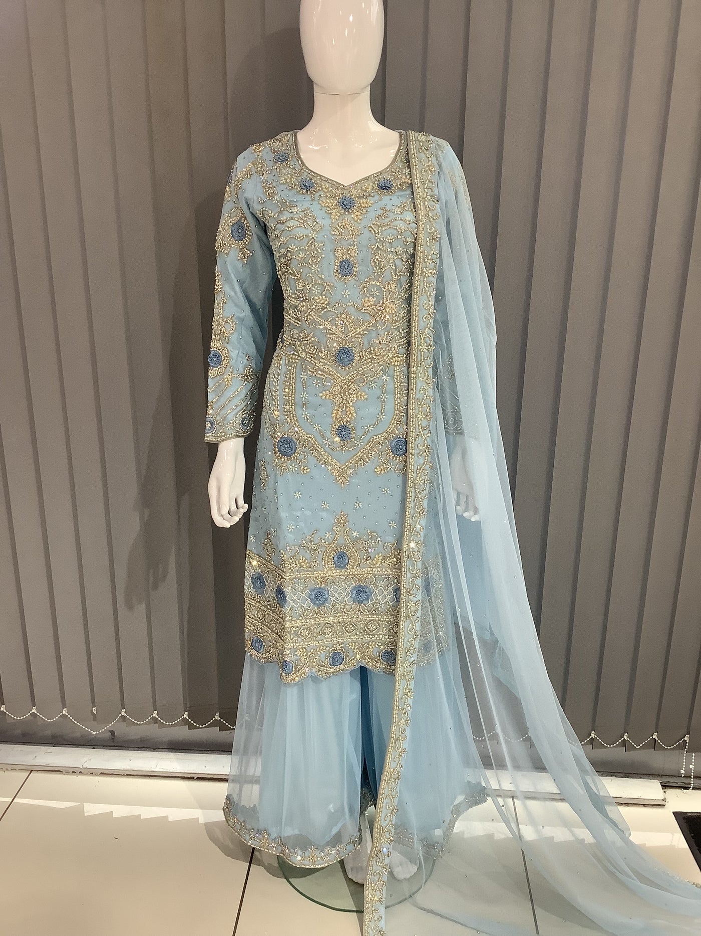 ASHA | Embroidered Dori Work Net Ready To Wear Light Blue | AS68