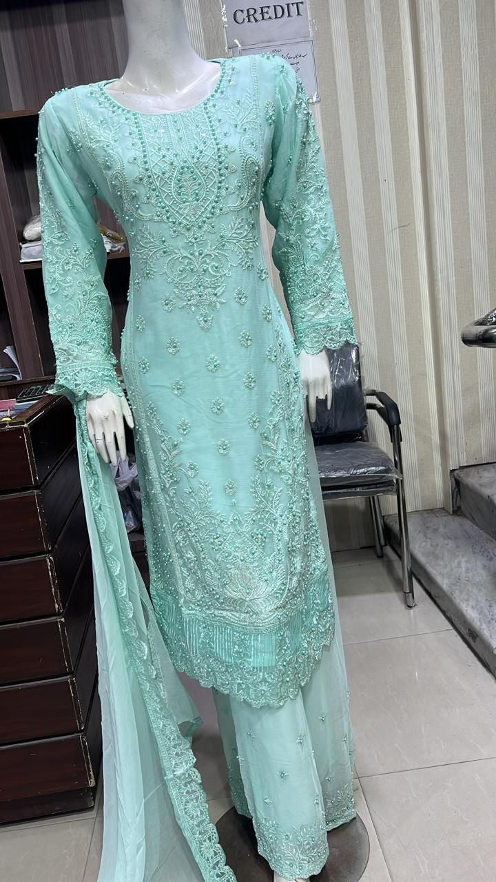 ShaZaib | Embroidered Chiffon Plazzo Readymade | SZ194 (Green)