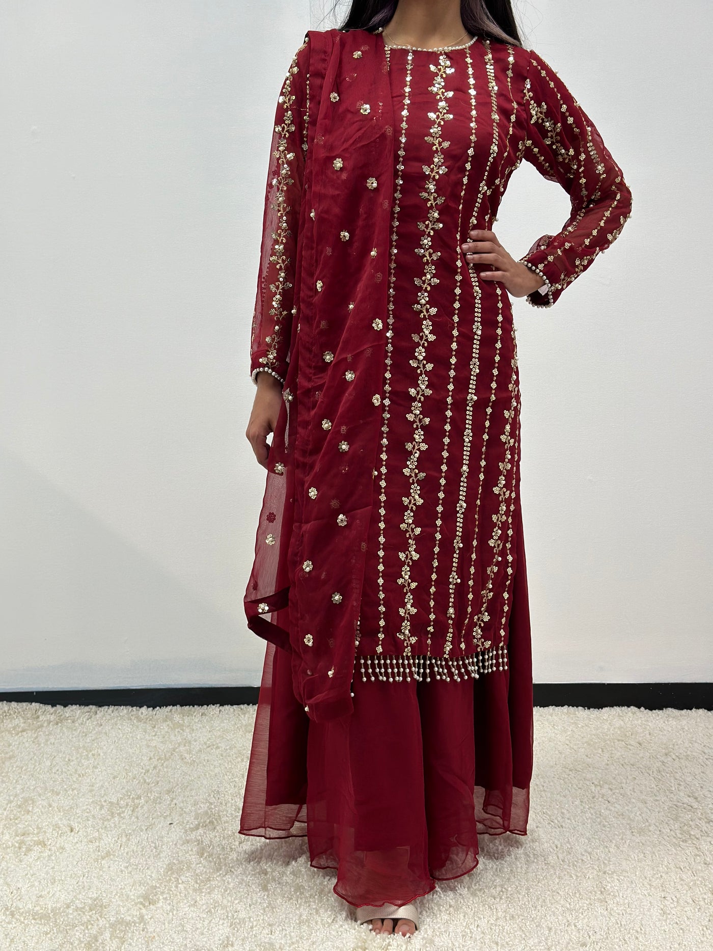 S Creations | Embroidered Chiffon Mother & Daughter Readymade | SC084 (Maroon)