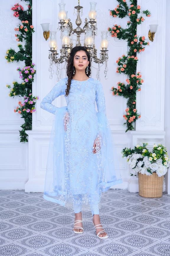 S Creations ‘Maya’ | Embroidered Net Formal Readymade | SC134 (Sky Blue)