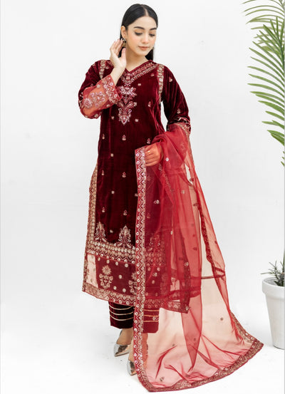 Maroon Embroidered Velvet Readymade |