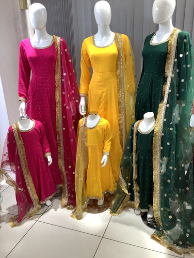 ASHA | Embroidered Chiffon Dress Mother & Daughter Readymade Mustard | AS63