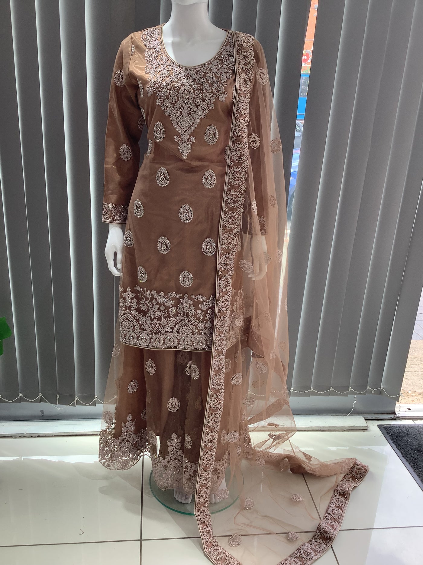 ASHA | Embroidered Net Dori Work Mother & Daughter Dress Ready To Wear Light Brown| AS66