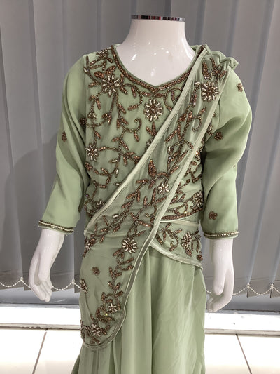 ASHA | Embroidered Chiffon Saree Kids Readymade Mint| AS64