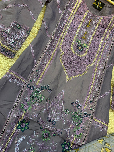 S Creations ‘Ziya’ | Embroidered Schiffli Linen Readymade | SC106 (Purple)