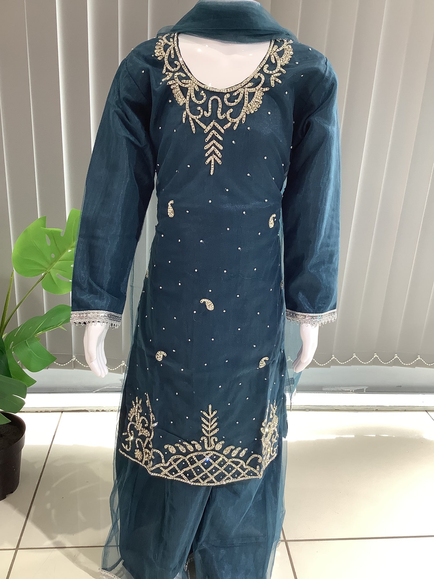 ASHA | Embroidered Hand Work Kids Ready To Wear Teal | AS61