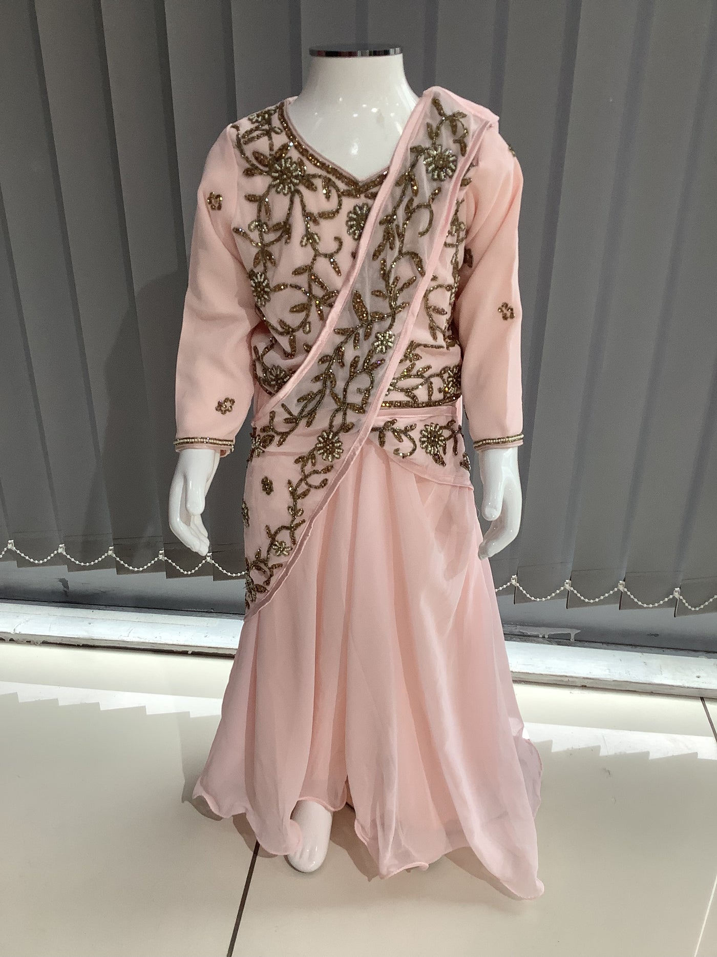 ASHA | Embroidered Chiffon Saree Kids Readymade Peach | AS64