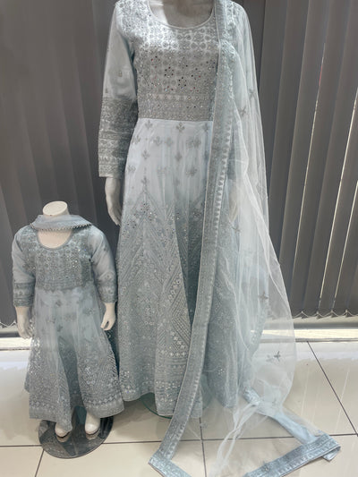 ASHA | Embroidered Net Mother & Daughter Ready To Wear Light Blue | AS73