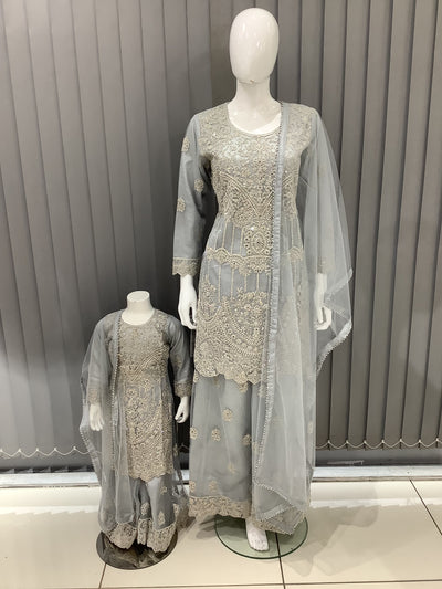 ASHA | Embroidered Net Mother & Daughter Ready To Wear Silver Grey | AS74