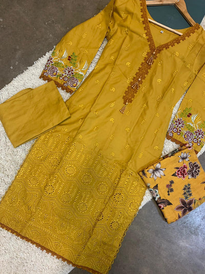 S Creations ‘Inaya’ | Embroidered Dhanak Readymade | SC132 (Mustard)