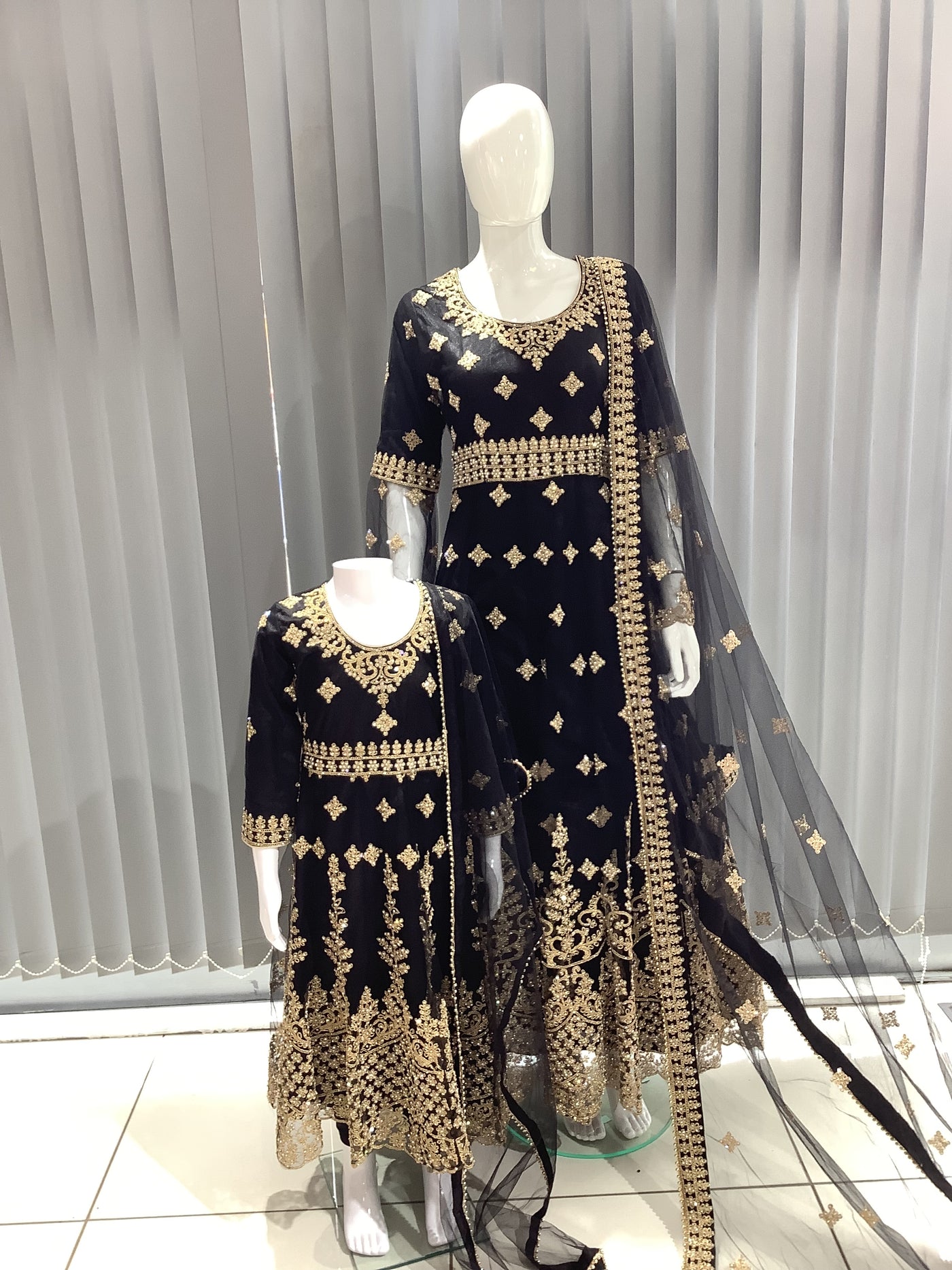 ASHA | Embroidered Net Dori Work Mother & Daughter Dress Ready To Wear Black | AS65