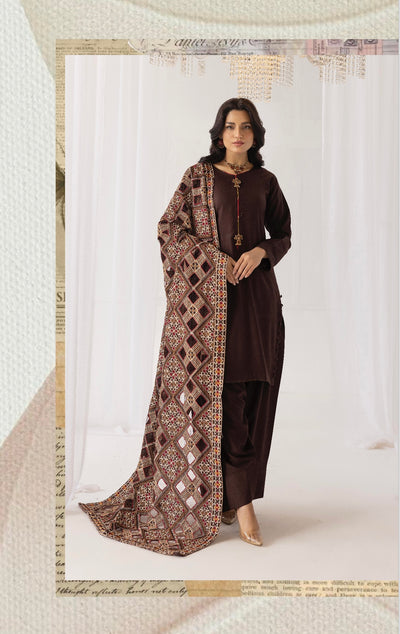 SIMRANS ‘Laserkari’ | Embroidered Dhanak Readymade | SM747 (Brown)