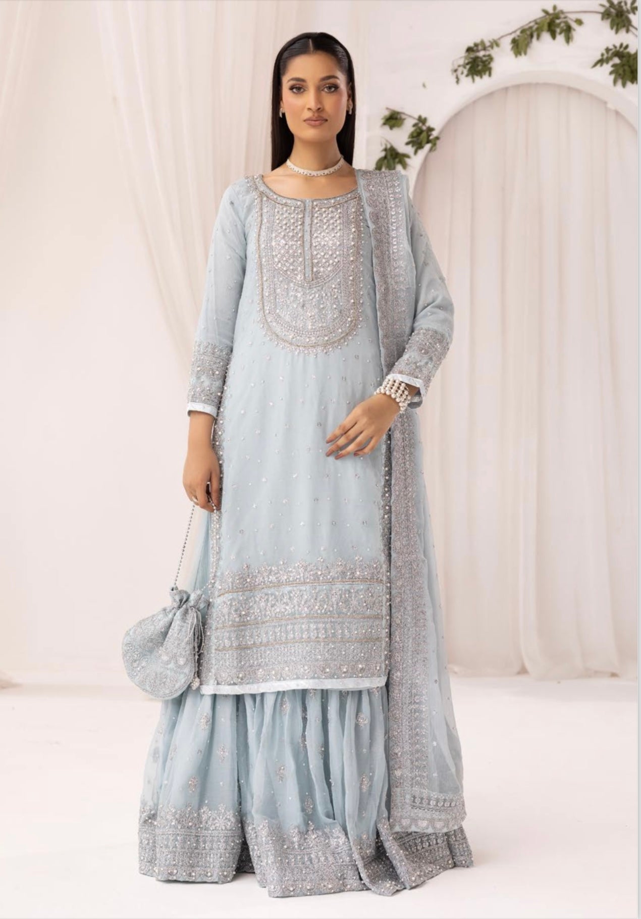 SIMRANS ‘Sanam’ | Embroidered Chiffon Farshi Readymade | SM649 (Light Blue)