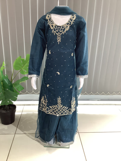 ASHA | Embroidered Hand Work Kids Ready To Wear Teal | AS61