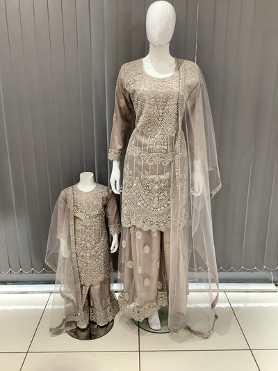 ASHA | Embroidered Net Mother & Daughter Ready To Wear  Dusty Pink| AS74