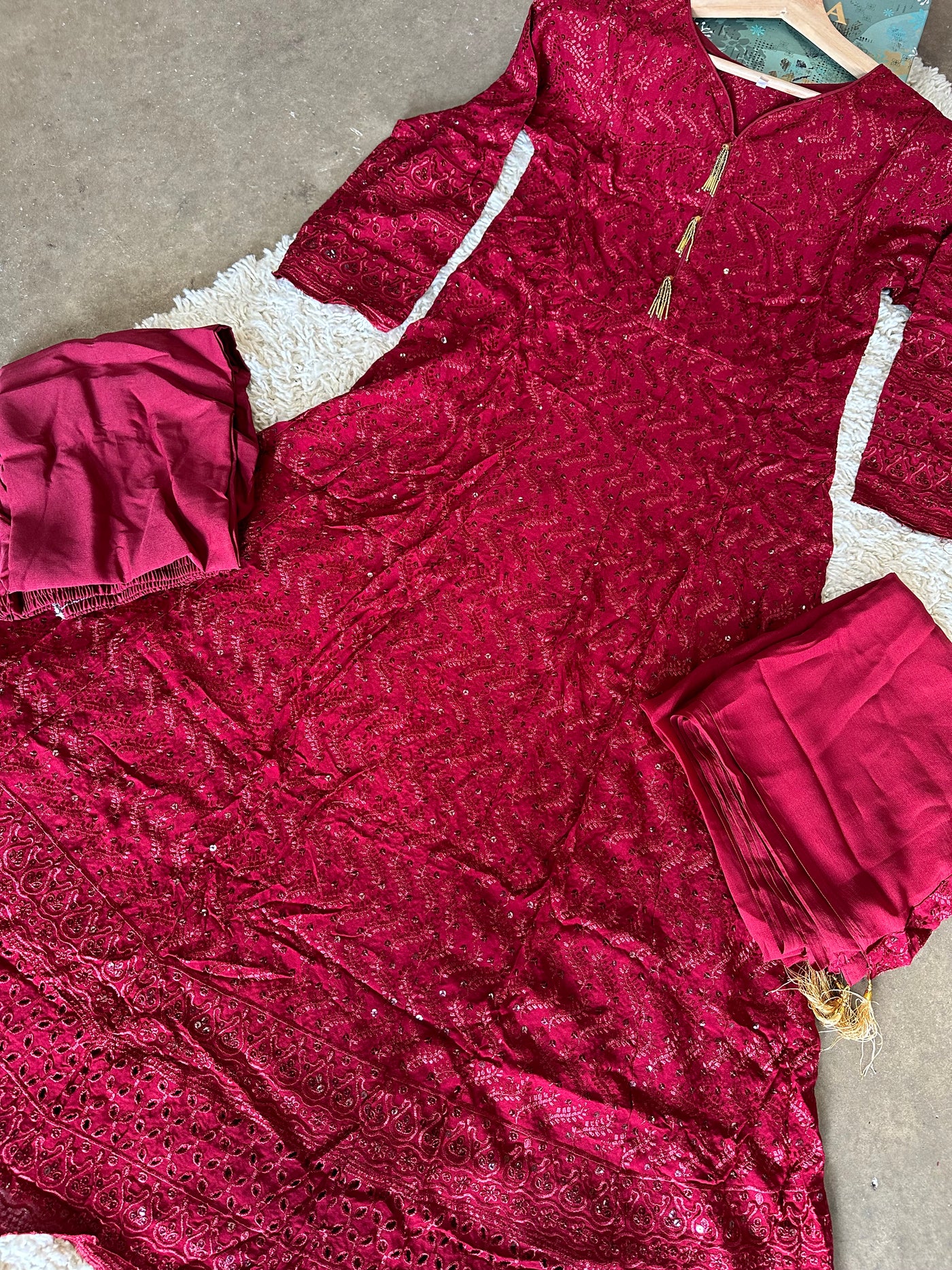 S Creations ‘Farah’ | Embroidered Sequins Linen Readymade | SC109 (Maroon)