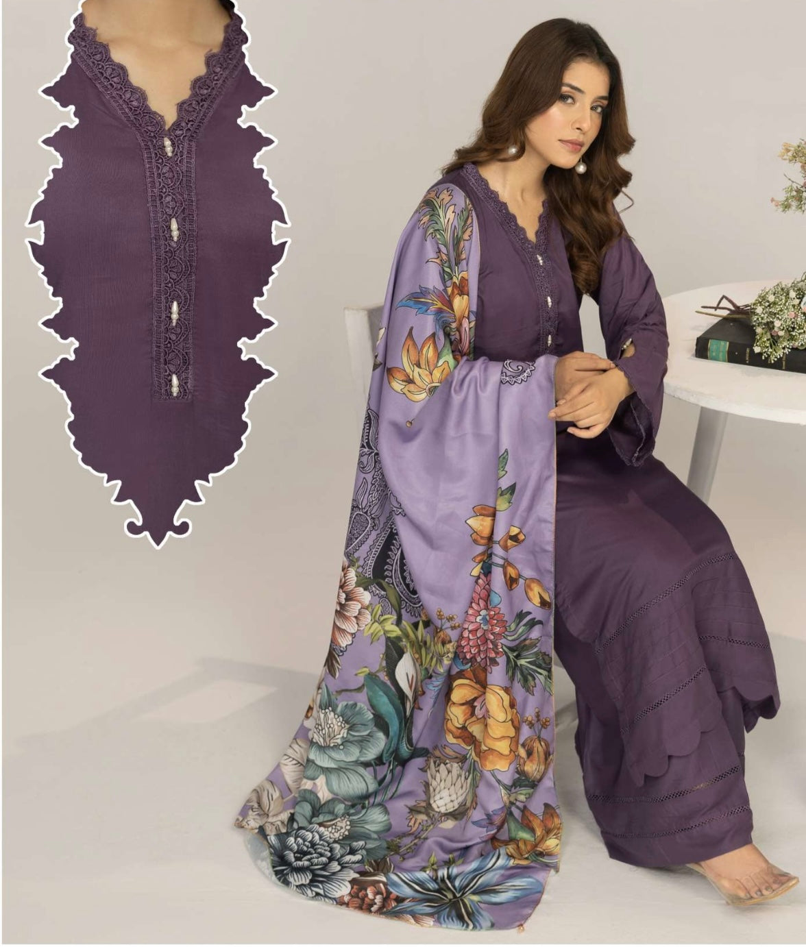 SIMRANS ‘Suffuse’ | Embroidered Twill Linen Shawl Readymade | SM705 (Purple)