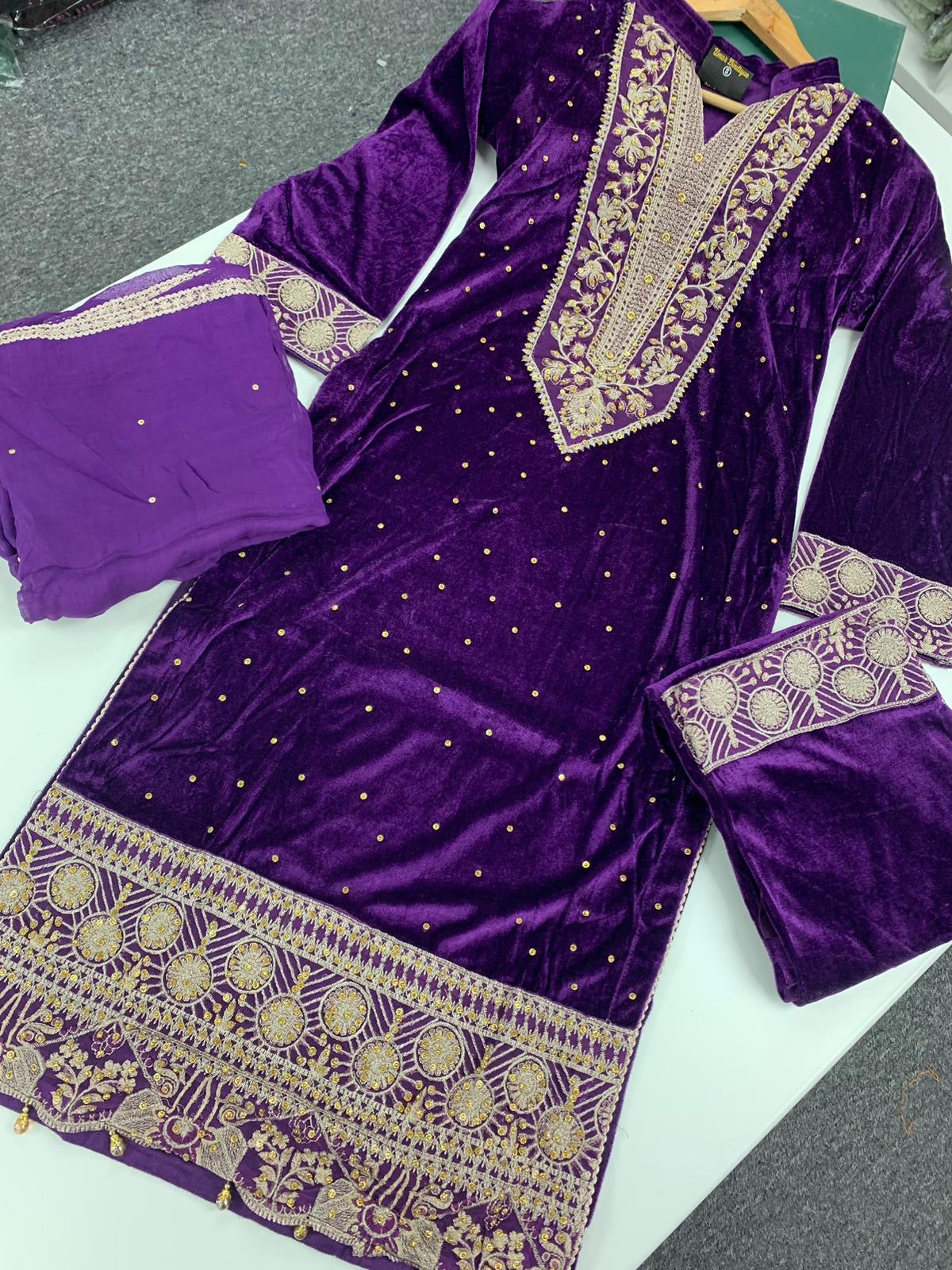 S Creations ‘Hina’ | Embroidered Velvet Readymade | SC137 (Purple)