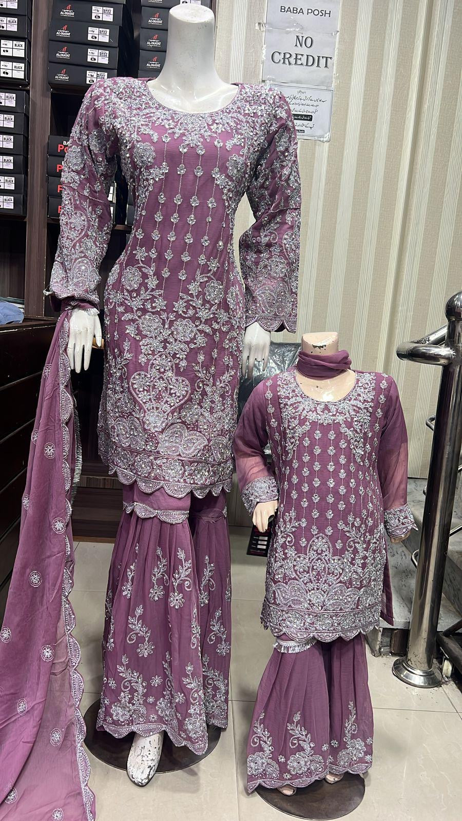 ShaZaib | Embroidered Chiffon Shararah Mother & Daughter Readymade | SZ193 (Purple)