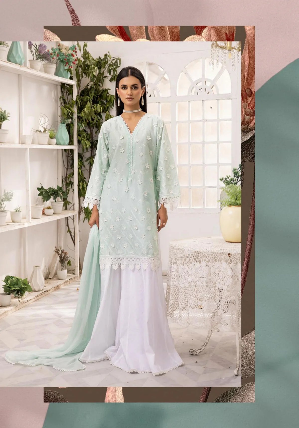 SIMRANS ‘Image’ | Embroidered Chikenkari Shararah Readymade | SM571 (Turquoise)