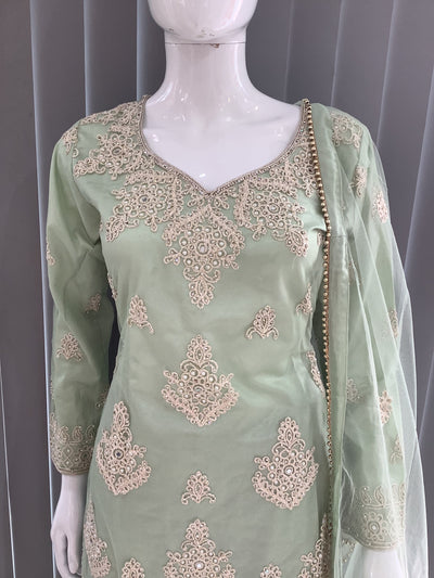 ASHA | Embroidered Net Dori Work Mother & Daughter Dress Ready To Wear Light Green| AS67