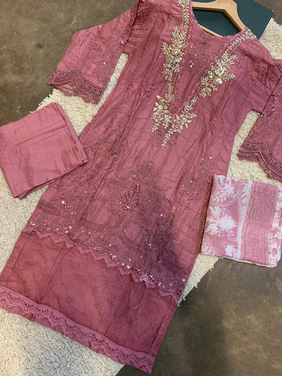 ROSHNI ‘Maria B Inspired’ Embroidered Linen 3pc Readymade | HL334 (Pink)