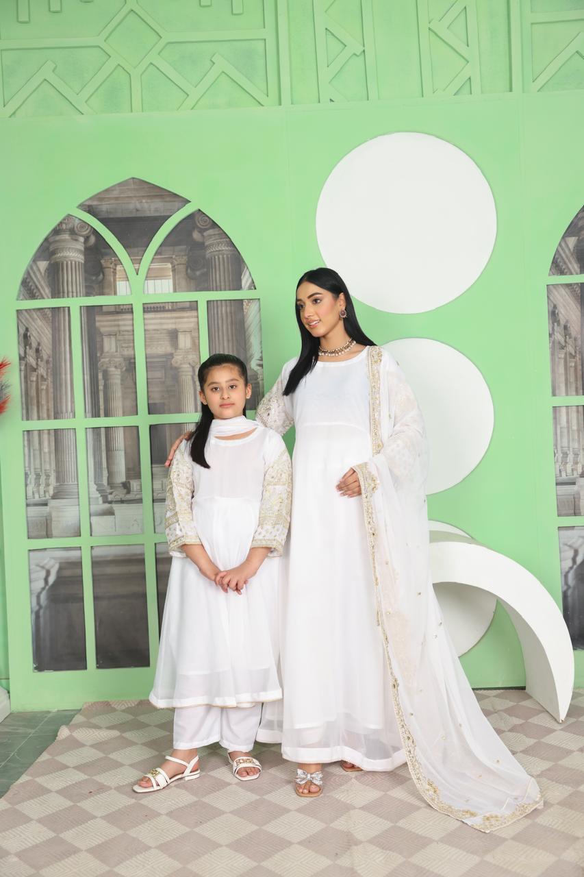 S Creations ‘Noreen’ | Embroidered Chiffon Mother & Daughter Readymade | SC162 (White)