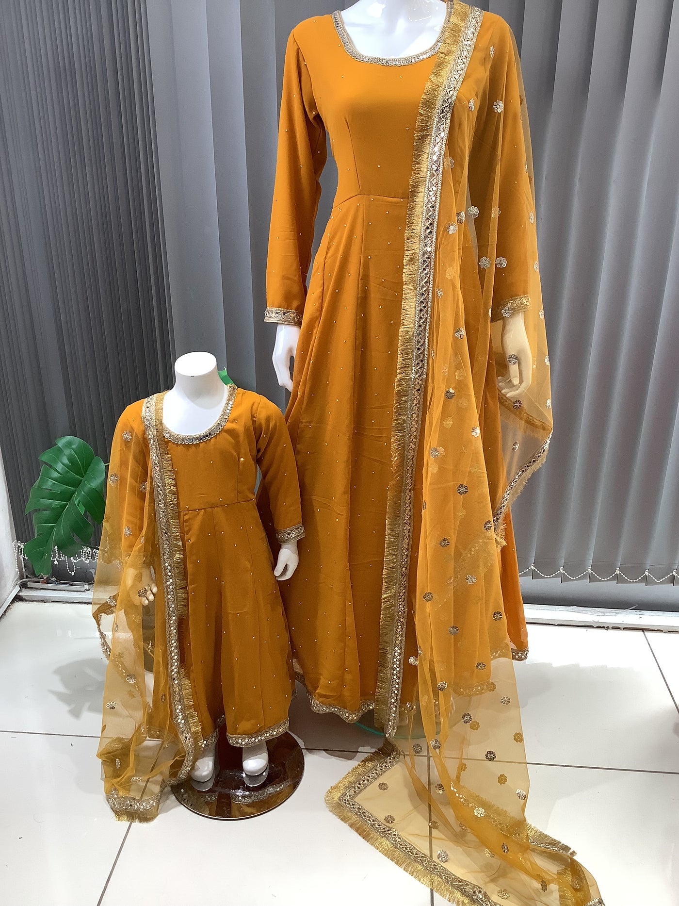 ASHA | Embroidered Chiffon Dress Mother & Daughter Readymade Mustard | AS63