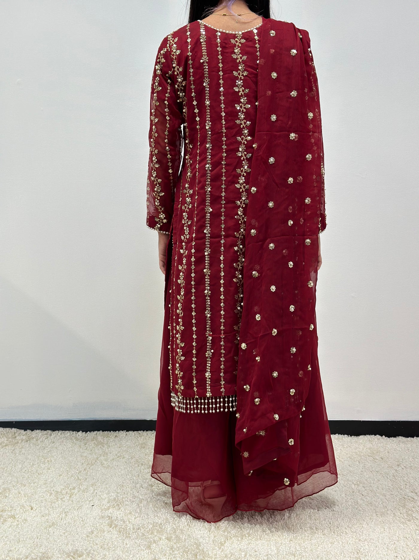 S Creations | Embroidered Chiffon Mother & Daughter Readymade | SC084 (Maroon)