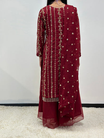 S Creations | Embroidered Chiffon Mother & Daughter Readymade | SC084 (Maroon)