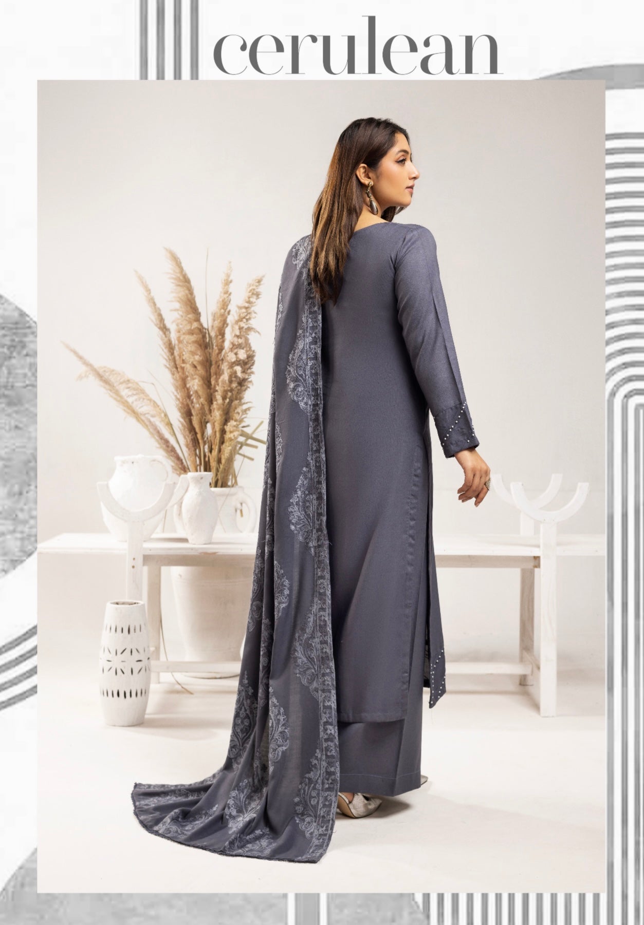 SIMRANS ‘Azure’ | Embroidered Dhanak Readymade | SM735 (Grey)