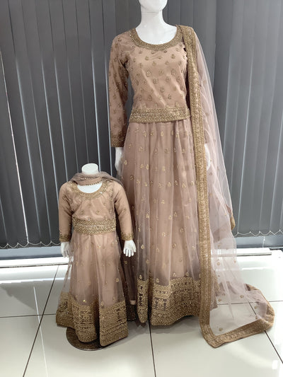 ASHA | Embroidered Net Dori Work Mother & Daughter Lehanga Choli Ready To Wear Dusty Pink | AS58