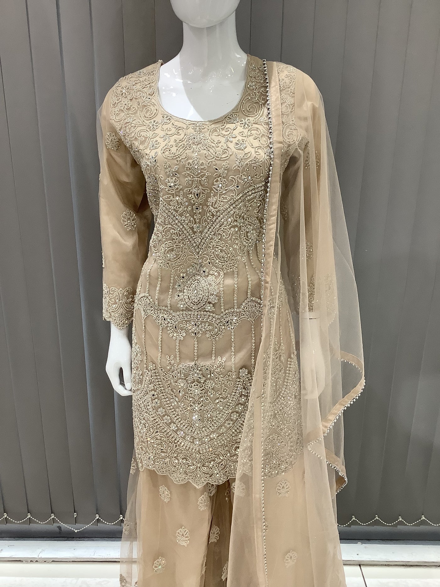 ASHA | Embroidered Net Mother & Daughter Ready To Wear Beige | AS74