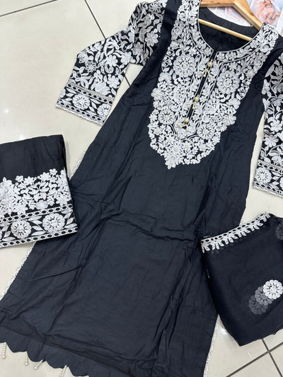 S Creations ‘Hiba’ | Embroidered Linen Readymade | SC108 (Black)