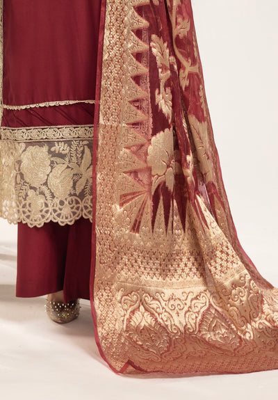 SIMRANS ‘Charisma Lux’ | Embroidered Dhanak Fancy Dupatta Readymade | SM732 (Maroon)