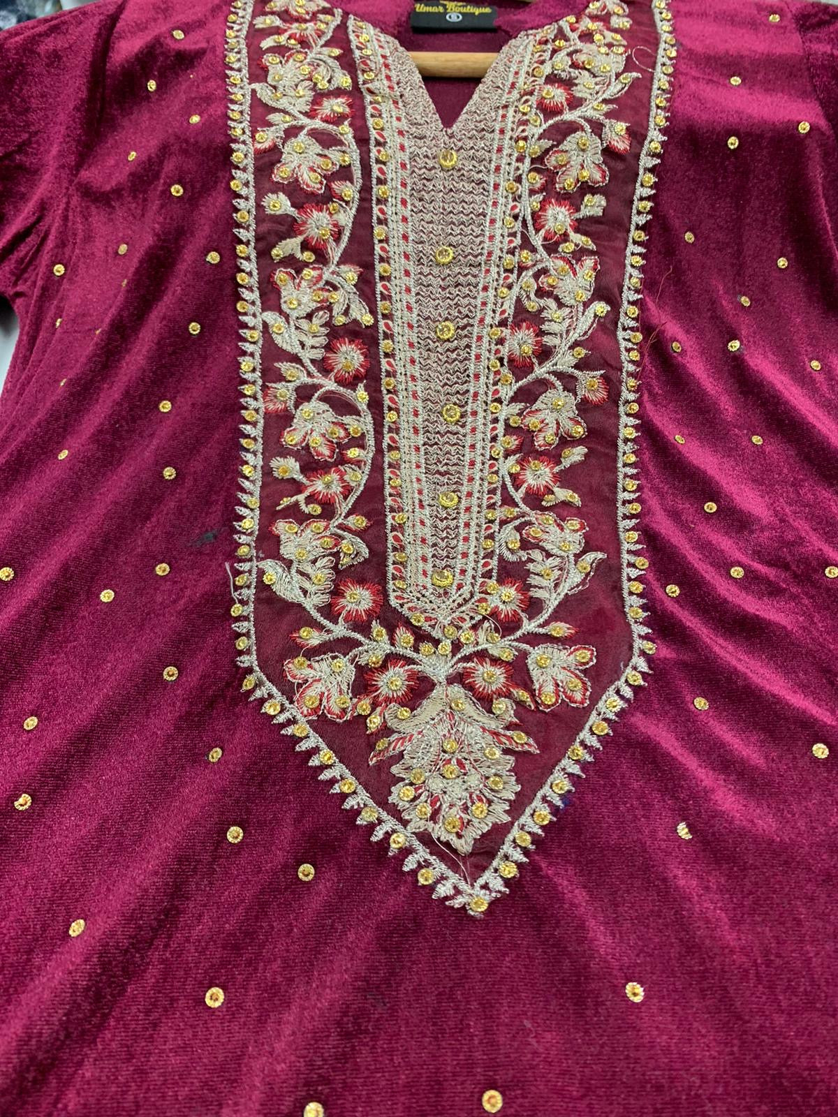 S Creations ‘Hina’ | Embroidered Velvet Readymade | SC137 (Maroon)