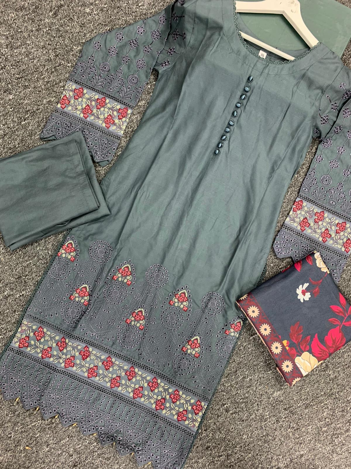 S Creations ‘Kaia’ | Embroidered Dhanak Readymade | SC152 (Grey)