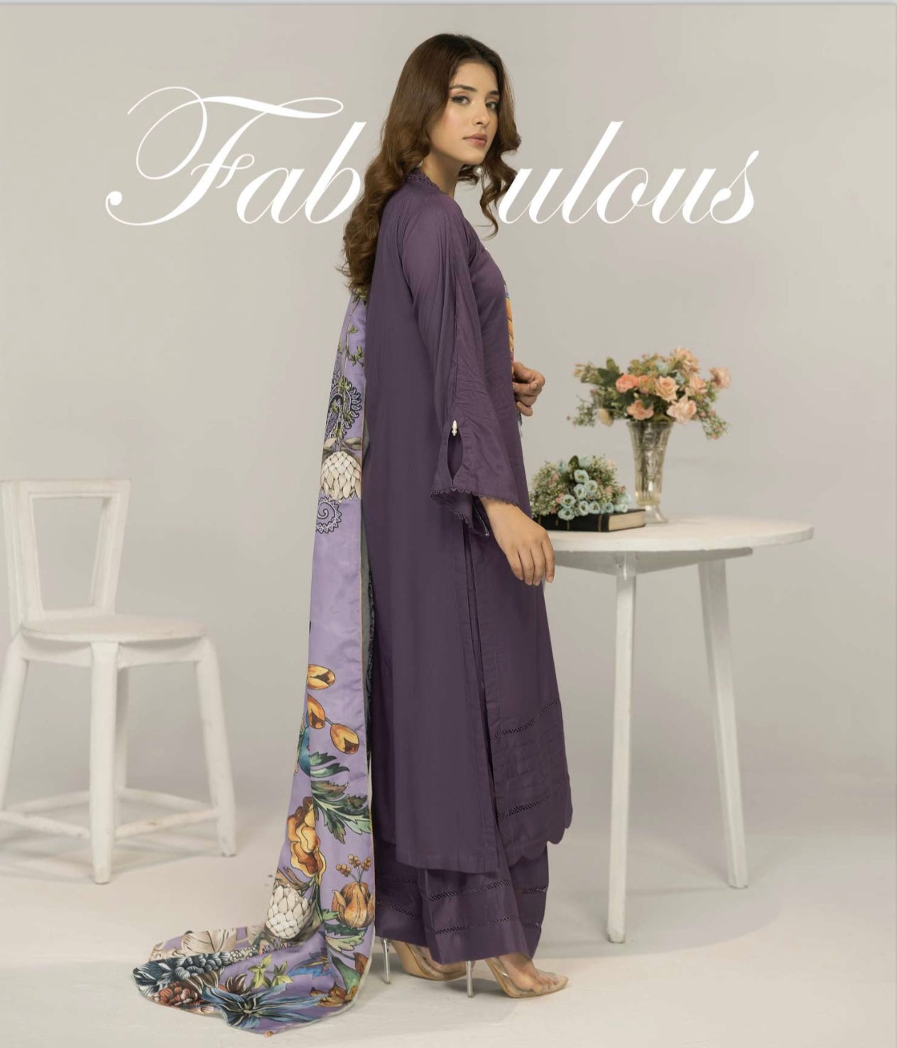 SIMRANS ‘Suffuse’ | Embroidered Twill Linen Shawl Readymade | SM705 (Purple)