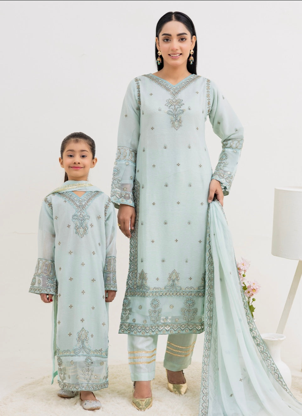 RANGZ ‘Majestic Lux’ | Embroidered Chiffon Mother & Daughter Readymade | RGZ056 (Mint Green)