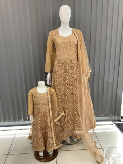 ASHA | Embroidered Net Mother & Daughter Ready To Wear Gold| AS30