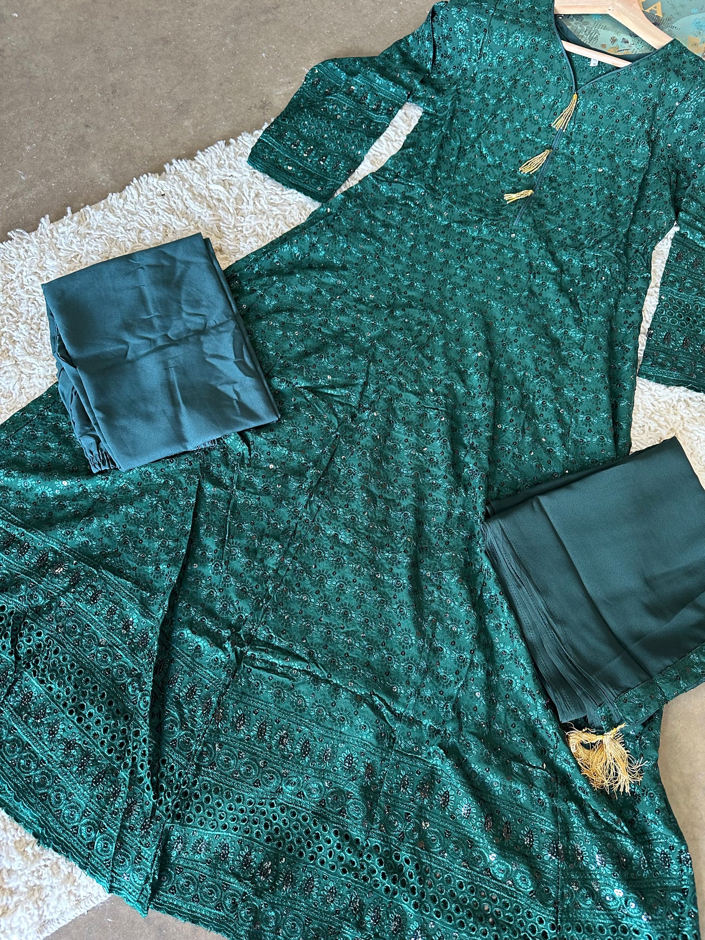 S Creations ‘Farah’ | Embroidered Sequins Linen Readymade | SC109 (Green)