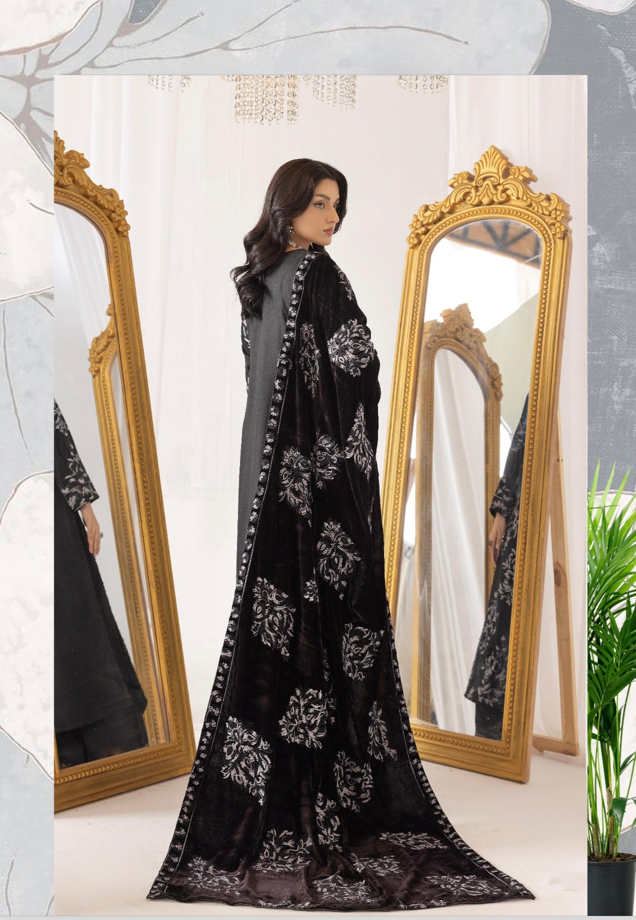 SIMRANS ‘Fushiya’ | Embroidered Dhanak Velvet Shawl Readymade | SM745 (Black)