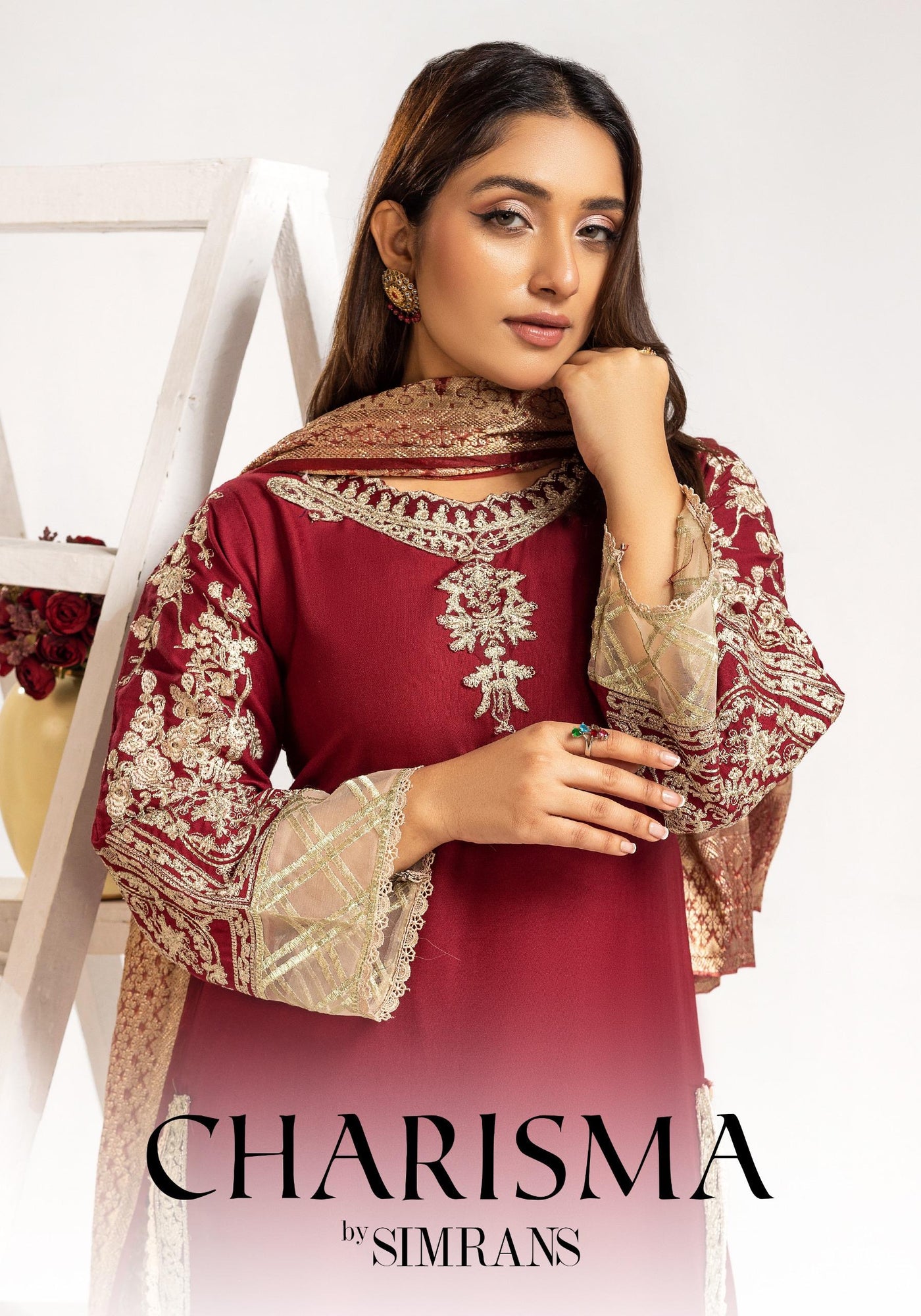 SIMRANS ‘Charisma Lux’ | Embroidered Dhanak Fancy Dupatta Readymade | SM732 (Maroon)