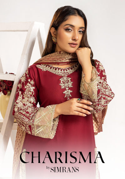 SIMRANS ‘Charisma Lux’ | Embroidered Dhanak Fancy Dupatta Readymade | SM732 (Maroon)