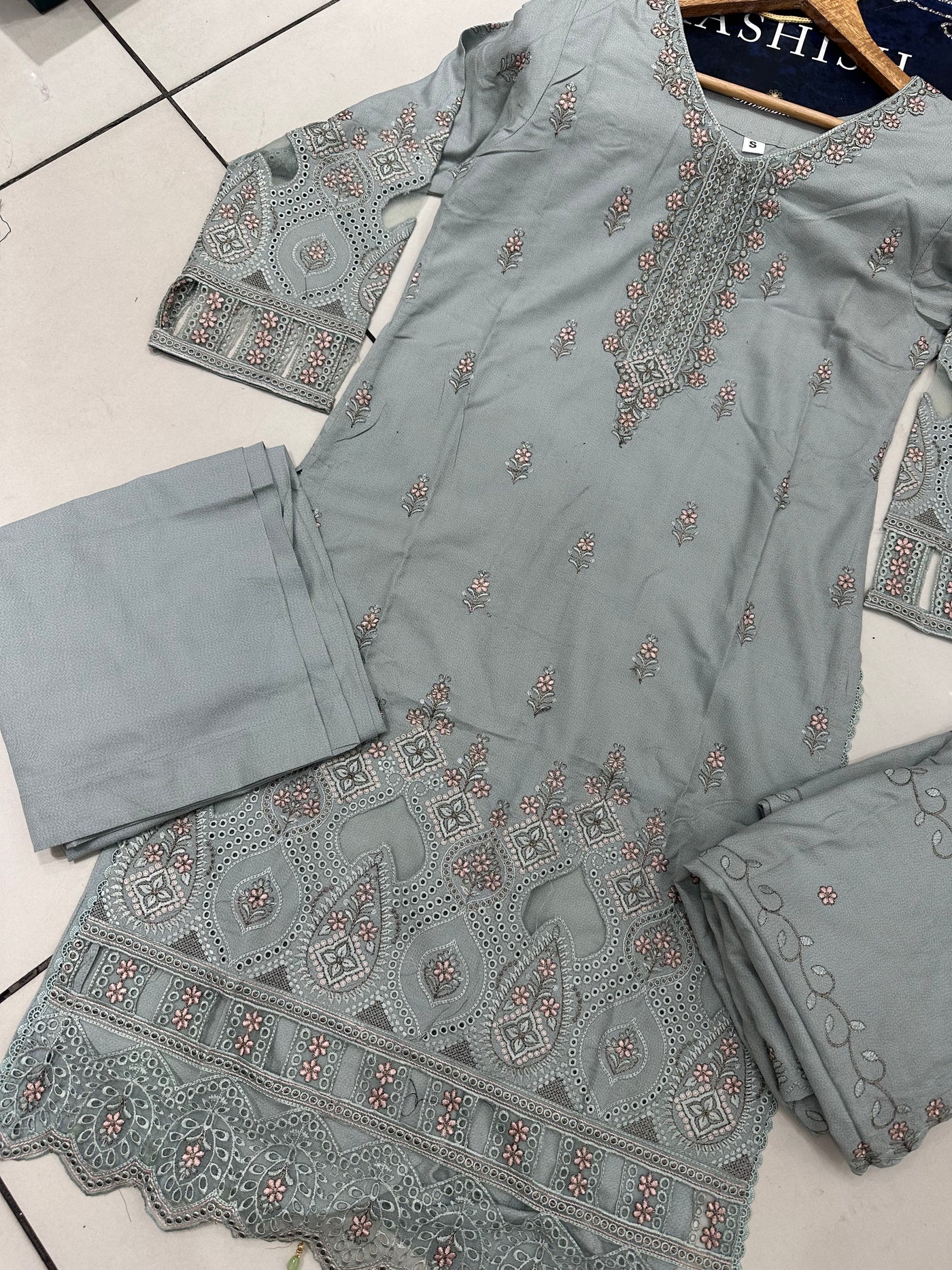 S Creations ‘Larisa’ | Embroidered Dhanak Readymade | SC150 (Mint Green)