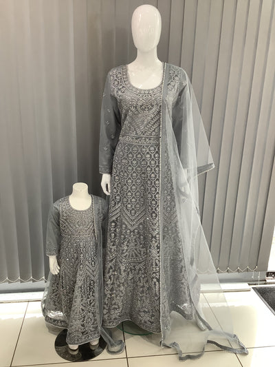 ASHA | Embroidered Net Mother & Daughter Ready To Wear  Grey| AS30