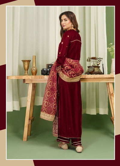 SIMRANS ‘Makhmali’ | Embroidered Velvet Fancy Dupatta Readymade | SM718 (Maroon)