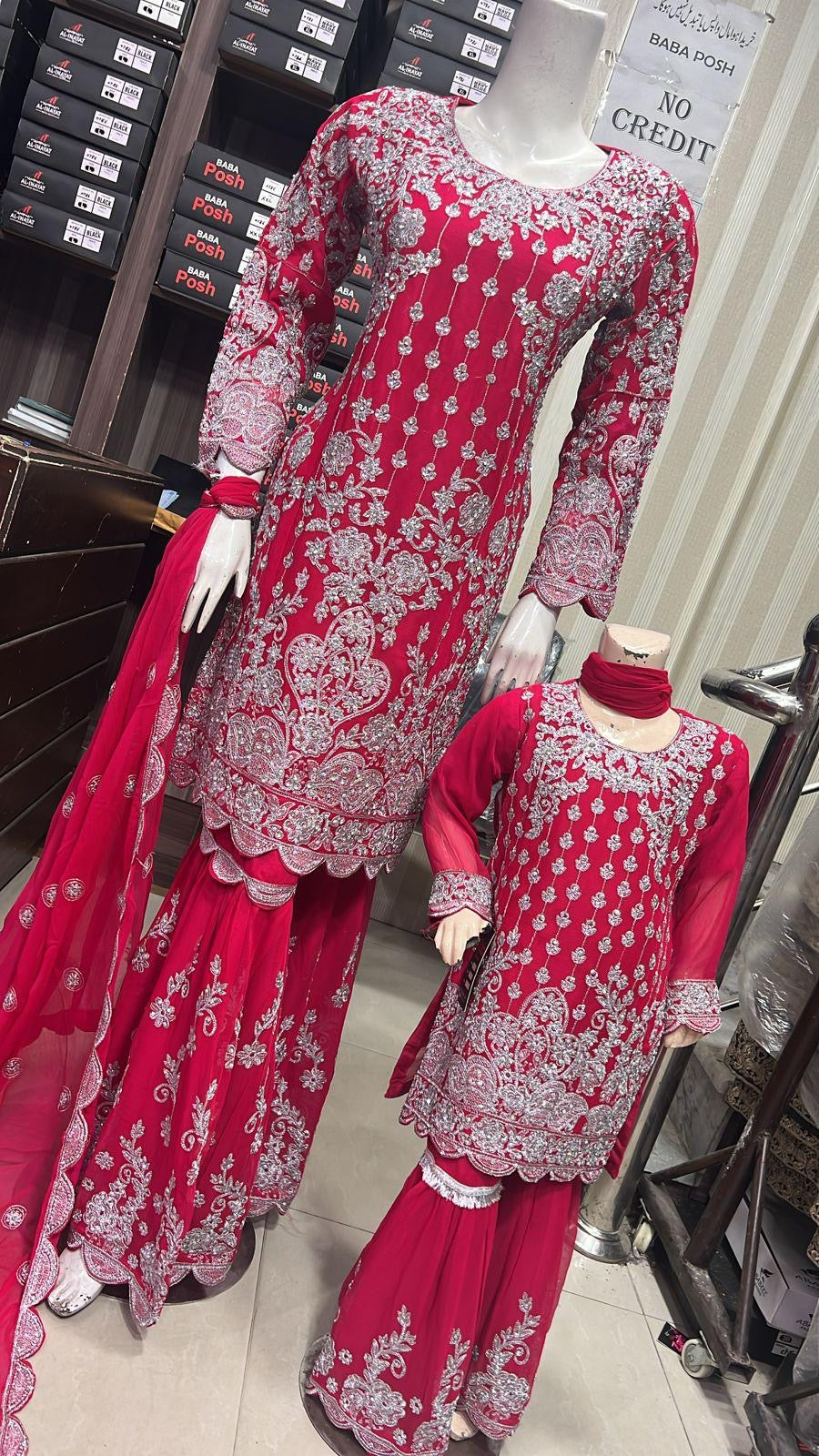 ShaZaib | Embroidered Chiffon Shararah Mother & Daughter Readymade | SZ193 (Pink)